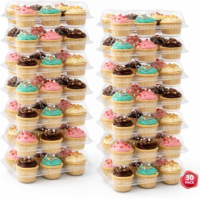 6 Count Cupcake Containers with Lids, 30 Pack Stackable Cupcake Holders Clear Pl