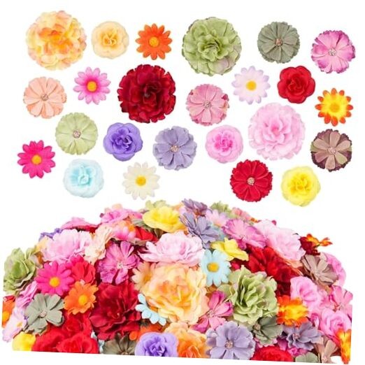 210 Pcs Mini Silk Flower Heads Small Fake Rose Daisy Faux Bright Colors Mixed gallery