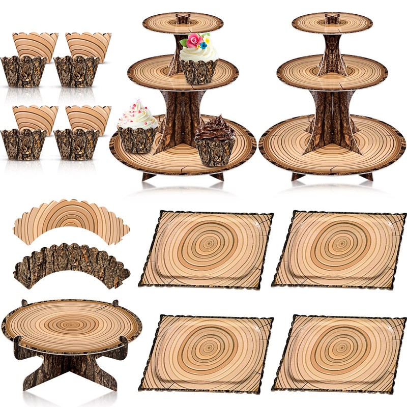 37 Pcs Woodland Cupcake Stand Set Includes 2 Wood Cupcake Stands 1 Rustic Cak…