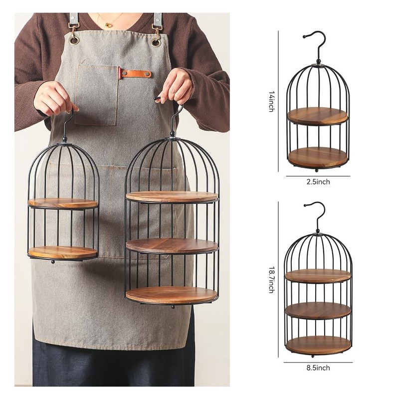 Bird Cage Cupcake Stand Set of 2, 3-Tier and 2-Tier Acacia Wood Trays with Bl... gallery