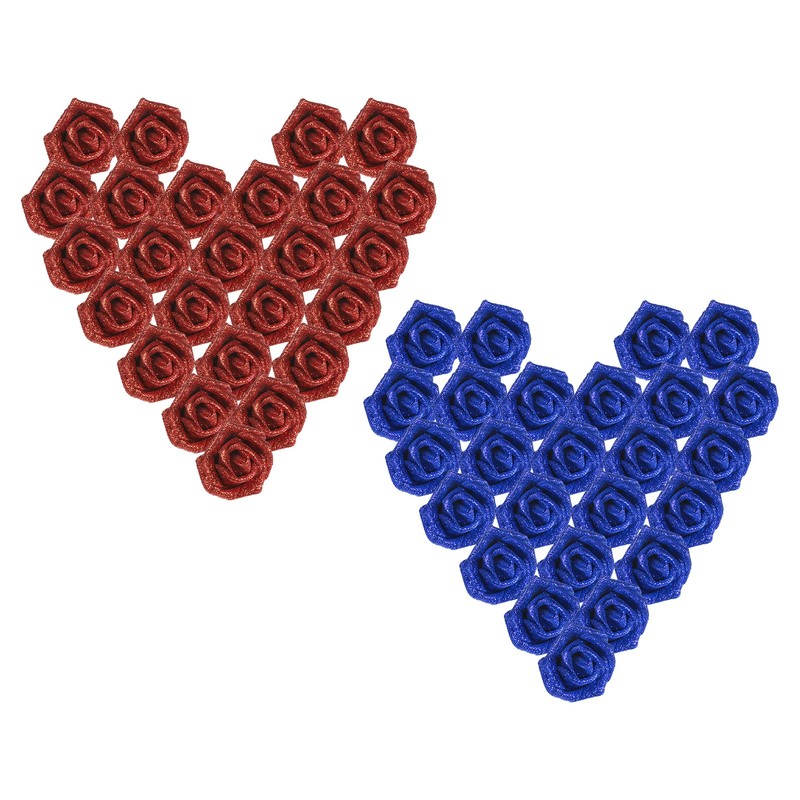 50Pcs Glitter Roses, Foam Artificial Flowers Roses Heads with Stem, Red/Blue