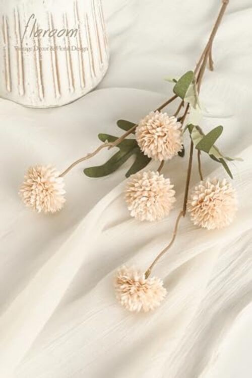 Floroom Faux Silk Mums Artificial Flowers, Bulk Fake Small Mini 5pcs Beige gallery