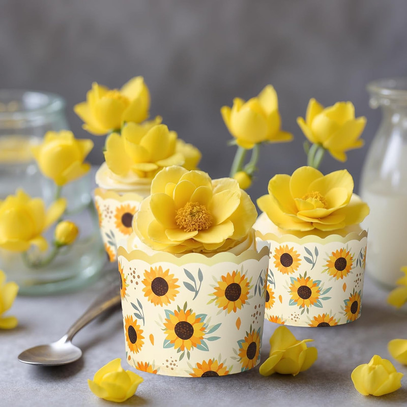 100 Pcs Summer Sunflower Paper Baking Cups with Scalloped Gold Rim Yellow Green gallery