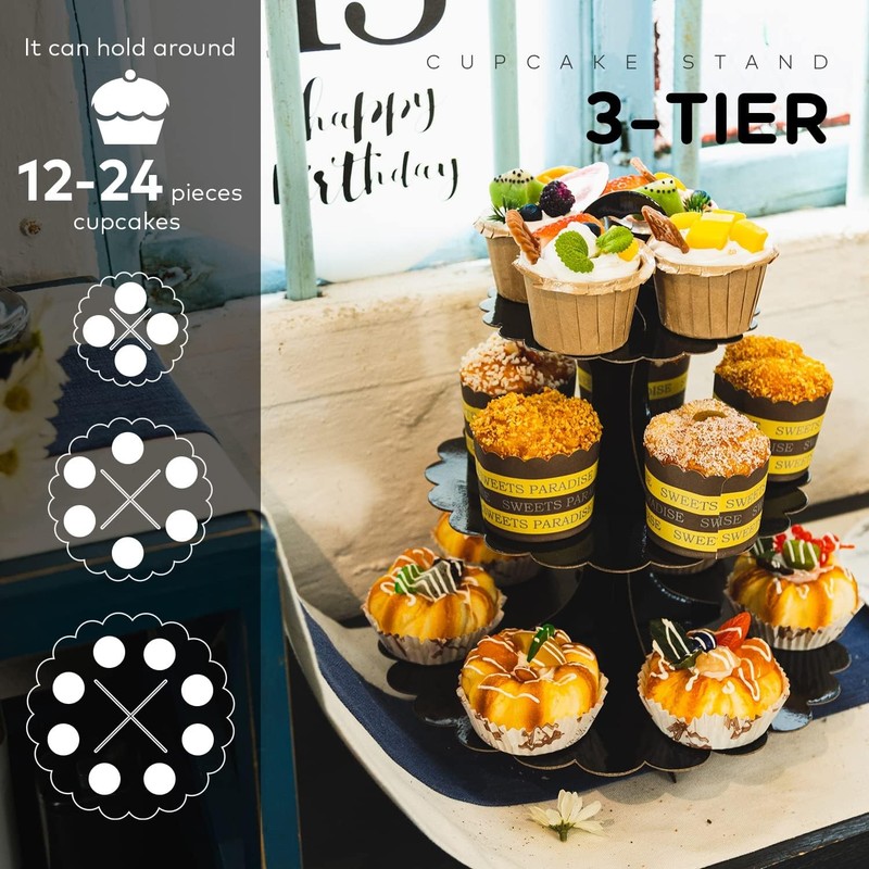 3-Tier Cupcake Stand Tower 2-Pack Black Cardboard Dessert Display Holder gallery