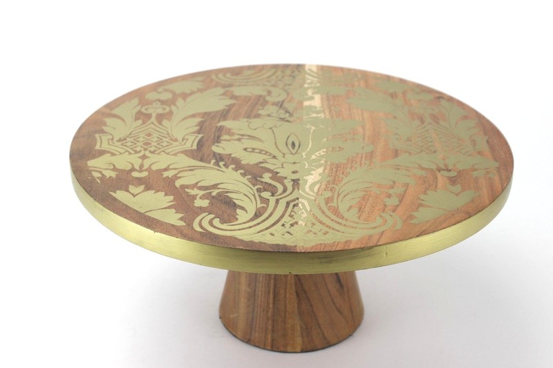 Thirstystone Wood Cake Stand with Gold-Tone Damask Design New