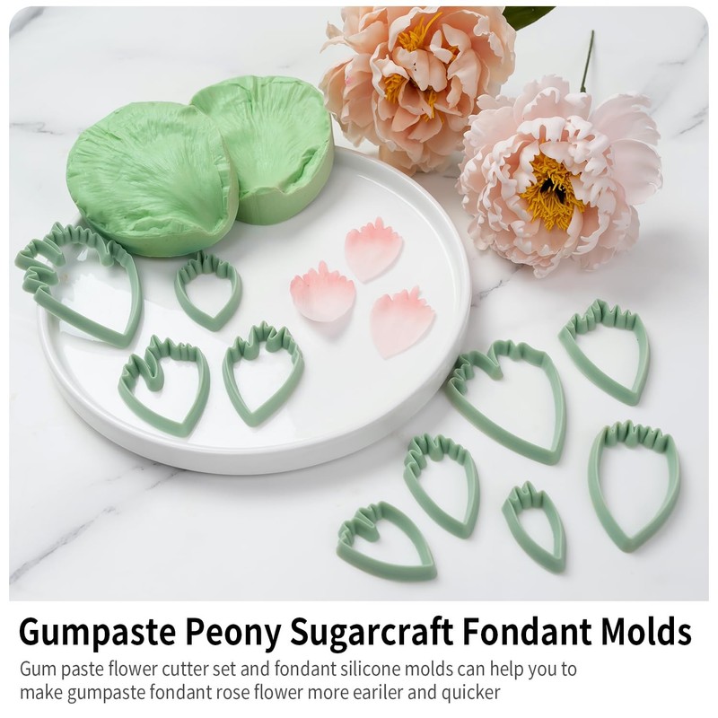 Flower Silicone Mold, 10 Pcs Gumpaste Cutters, 2 Pcs Peony Petal Fondant Vein... gallery