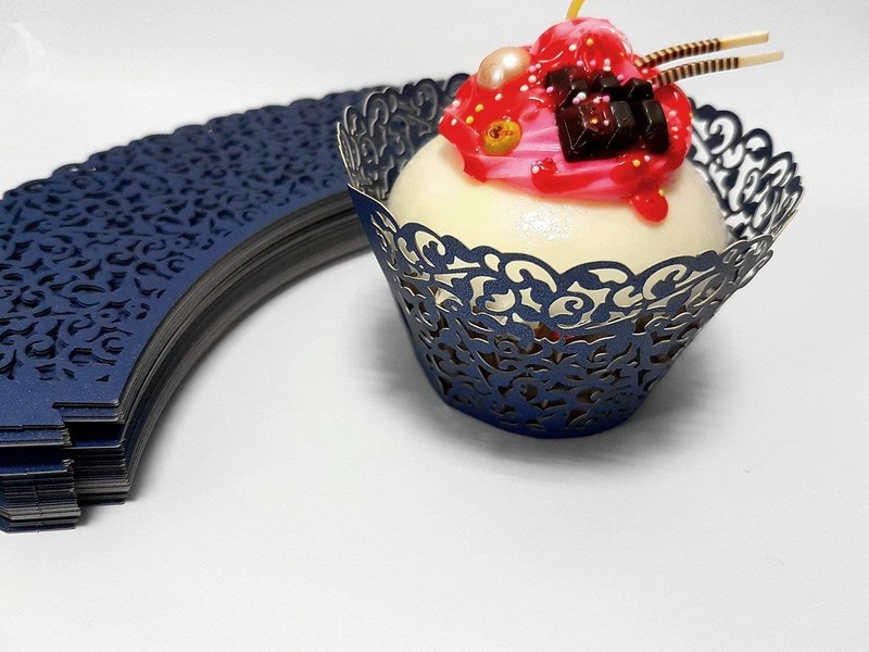 Cupcake Wrappers 100 PCS Navy Blue Vine Lace Laser Cut Paper Baking Cups gallery