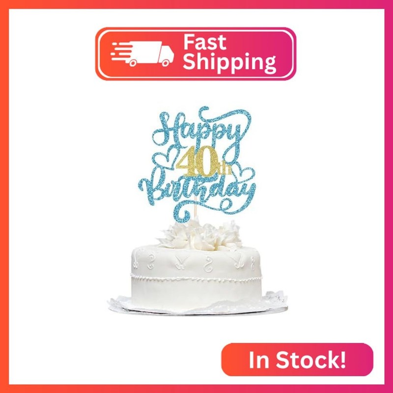 1 PCS Happy 40th Birthday Cake Topper, Blue Glitter Cheers to 40 Years Birthday