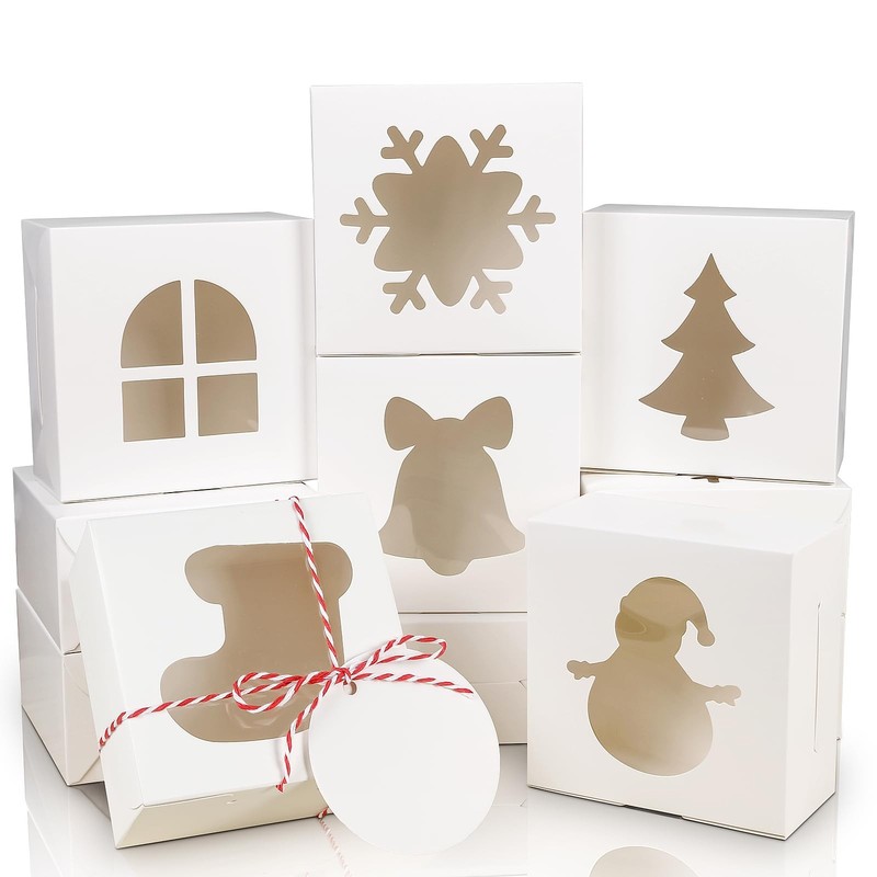 30Pcs Christmas Cookie Boxes With Window 4x4x2.5 Inch White Bakery Box for Gi…