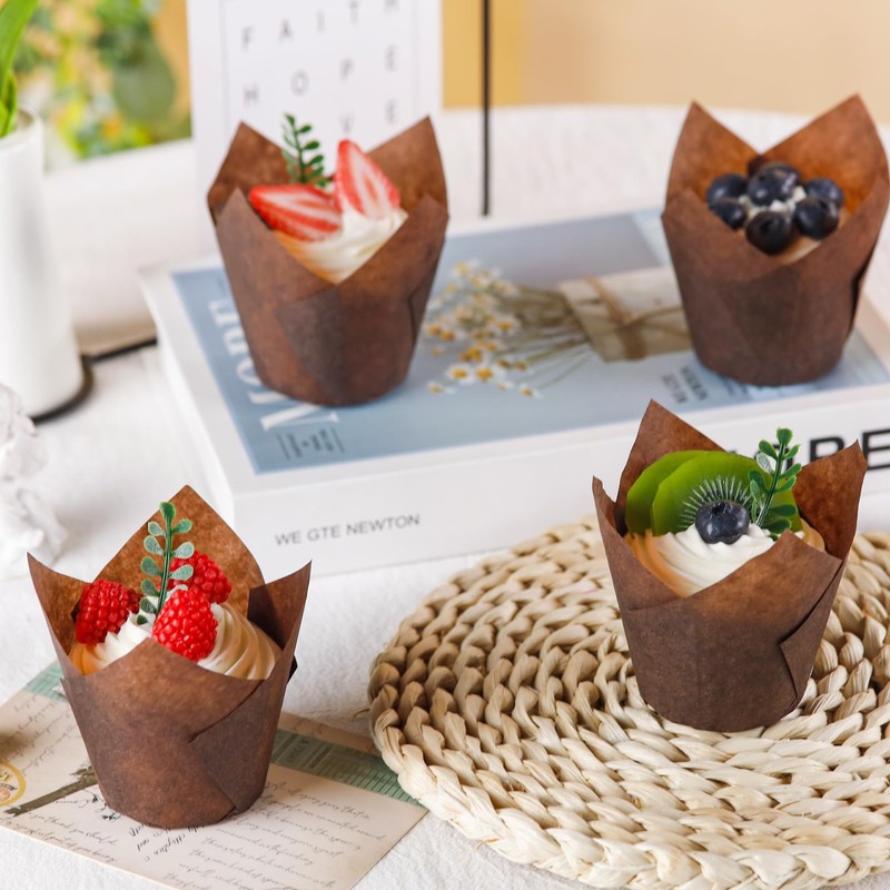 200 PCS Brown Tulip Cupcake Liners Muffin Baking Greaseproof Wrappers Std gallery