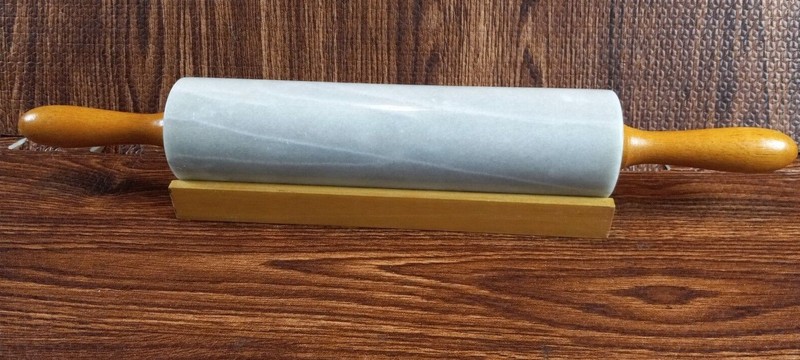 Marble Rolling Pin w/Wooden Handles & Cradle, Gray & White