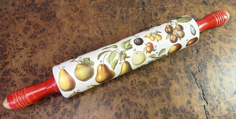 Vintage Wooden Rolling Pin Red Handles Handpainted & Decorated Fruit Decor gallery
