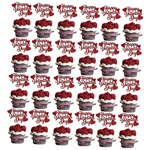40PCS Valentines Cupcake Toppers, Red Glitter Happy Valentines Day Toppers for