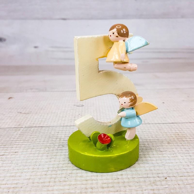 Vintage SEVI Five 5 Birthday Cake Topper 3″ Figurine Wood Wood Angels Italy