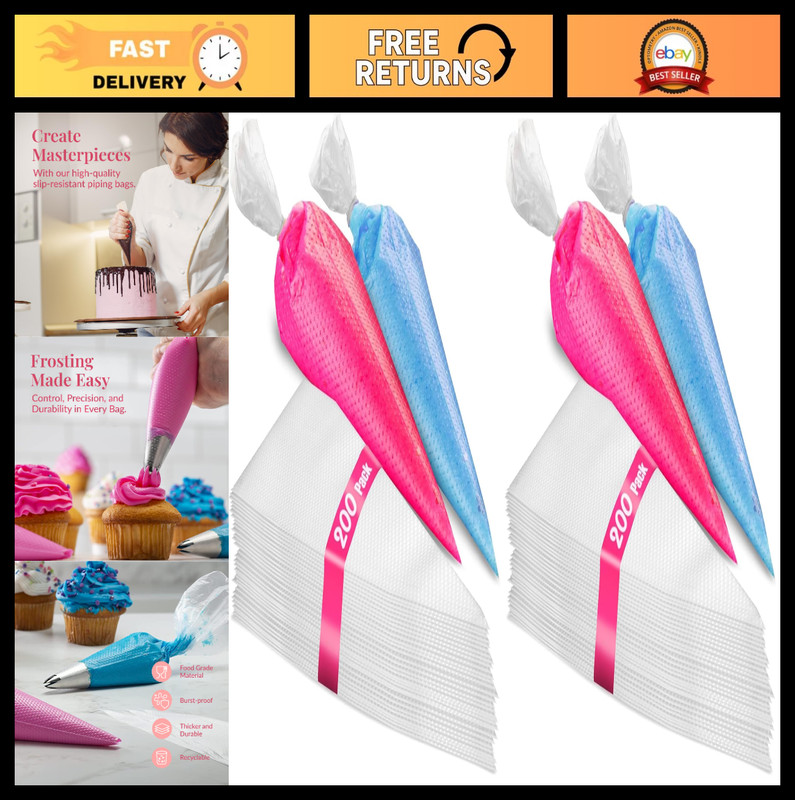 200 Anti-Burst 12″ Tipless Icing Piping Bags – Durable Frosting & Decorating Too