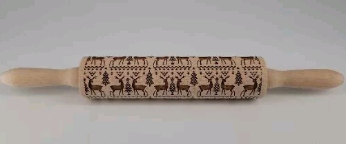 Wooden Embossed Rolling Pin Reindeer Christmas Trees Baking Crafts 15″