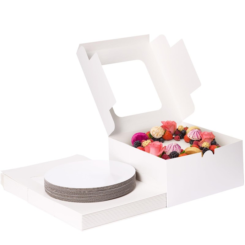 24 PCS Cake Boxes 10x10x5 Inch With Boards Tall White Square Bakery Carrier