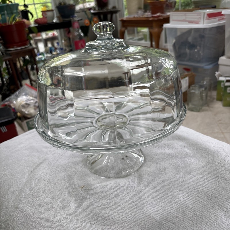 1 CLEAR GLASS ROUND Cake Stand With Lid In A Paneled Design gallery