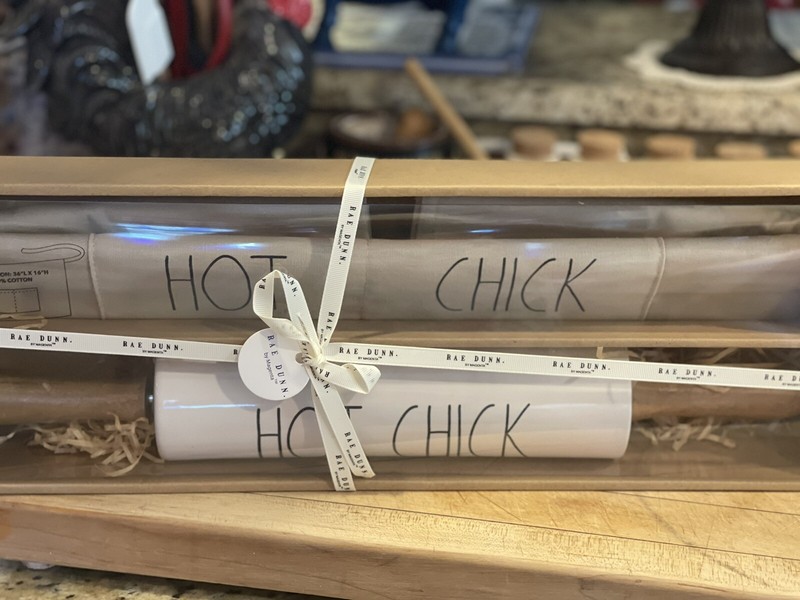 Rae Dunn Magenta Hot Chick Rolling Pin & Apron Boxed Set Wedding Shower NIB gallery