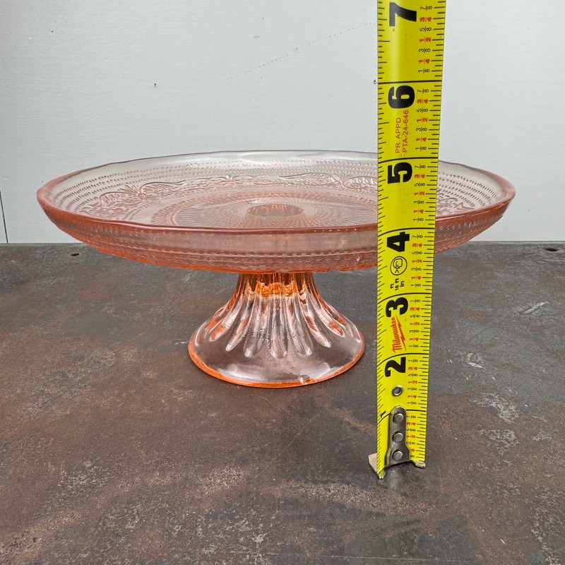 Vtg PEACH / PINK Depression Glass Cake Plate Stand w/ Pedestal - 10" Diameter gallery