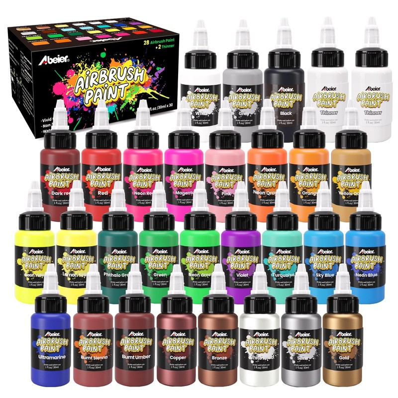 ABEIER Airbrush Paint, 28 Colors x 1oz 1.01 Fl Oz (Pack of 30), 28
