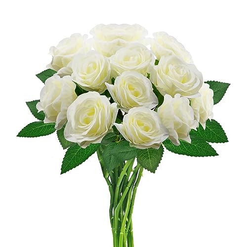 Artificial Roses with Long Stems, 12Pcs Realistic Roses Artificial White gallery