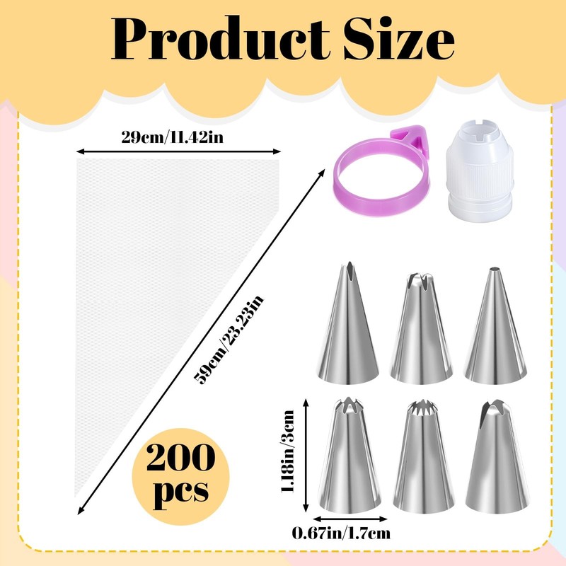 200Pcs Pastry Piping Bags and Tips Set, 24-Inch Disposable Icing Bags for Cak... gallery