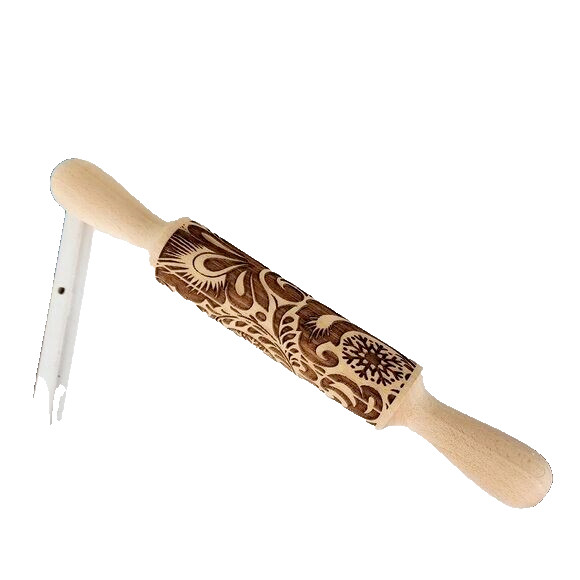 Wooden Rolling Pin Embossed With Floral Pattern 13.5″