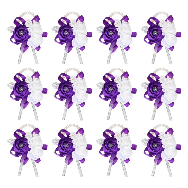 12Pcs Wrist Corsage Artificial Flower Bracelets Rose Decorative Purple