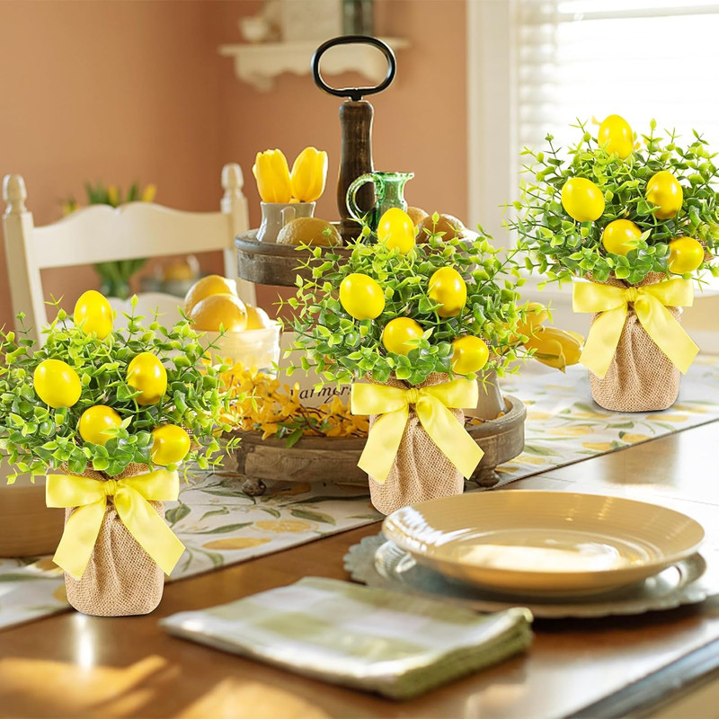 3 Pack Artificial Potted Lemon Flowers Plastic Faux Lemons in Small Burlap Bag V gallery