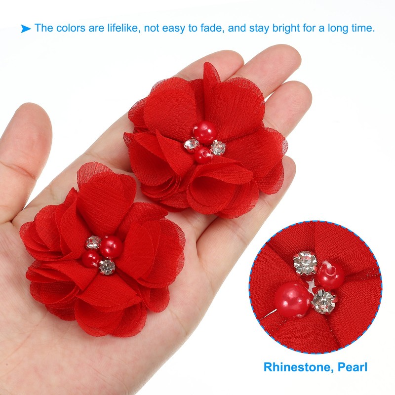 10Pcs 2" Chiffon Flowers with Rhinestone Pearl Appliques Decorate Dark Red gallery