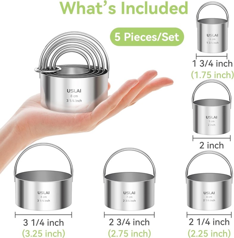 USLAI Biscuit Cutter Set (1.75, 2, 2.5, 2.75, 3.25 Inch), Stainless Steel Fluted gallery