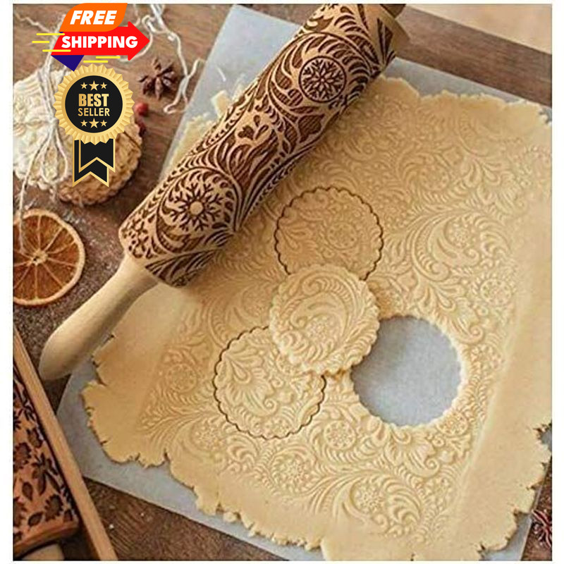 Embossed Rolling Pins Christmas Pin,3D Paisley Pattern 35*5, Wood