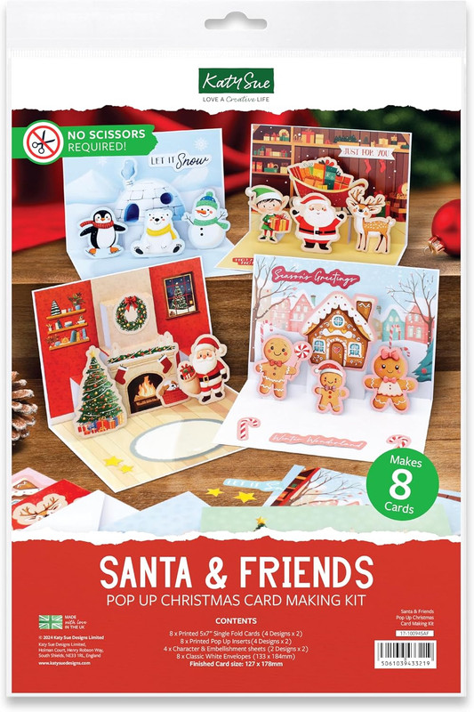 Santa & Friends Pop up Christmas Card Making Kit. Makes Eight 5 X 7 Inch Christm