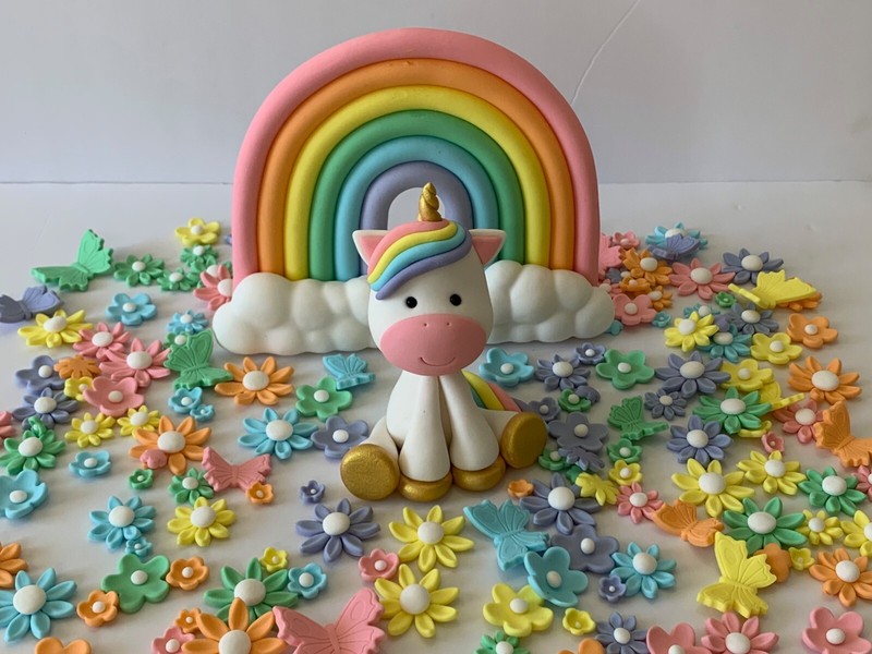 Fondant Unicorn, Rainbow & Flowers Cake Topper Decoration Set