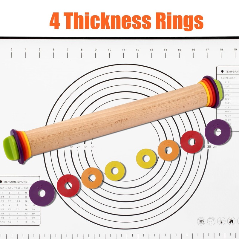 Rolling Pin with Thickness Rings for Fondant, Pizza, Pie Crust, Cookie, Pastr... gallery