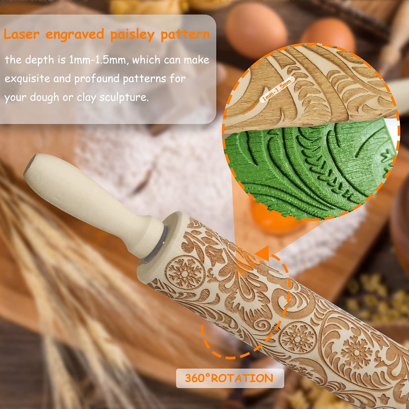 Embossed Rolling Pins Christmas Pin,3D Paisley Pattern 35*5, Wood gallery