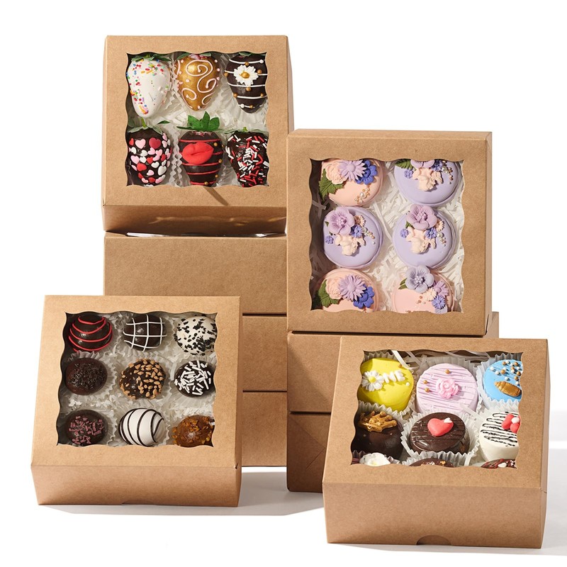 50 PCS 6x6x2.5 Inch Chocolate Strawberry Boxes Bakery Full Window Cookie