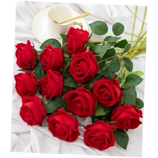 12PCS Artificial Flowers Fake Roses, Realistic Velvet Long Stem Roses Red