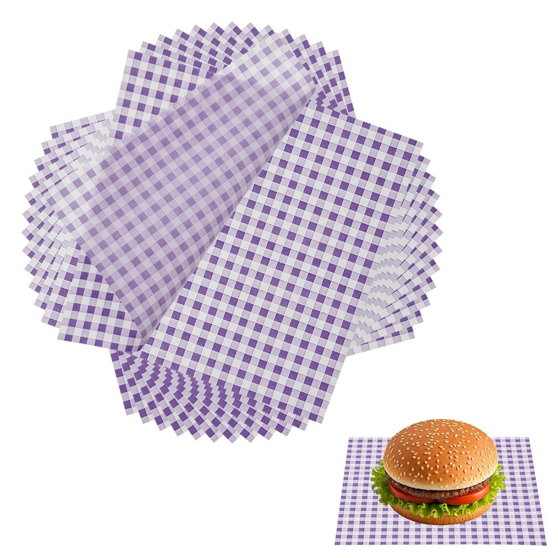 100 Pcs Wax Paper Sheets, 8.7 x 8.7″ Checkered Square Wrapping Paper, Purple