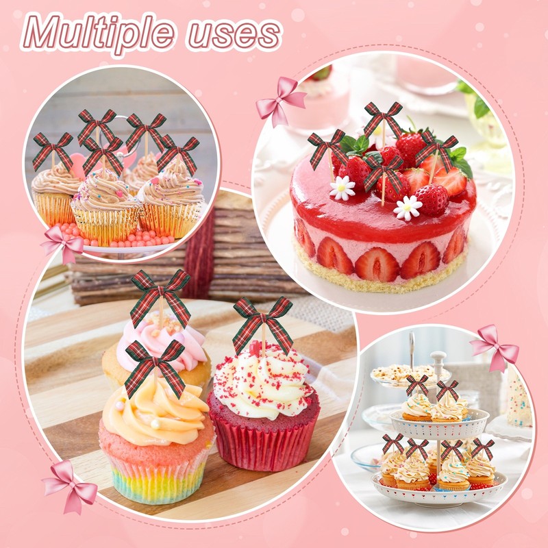 60Pcs Bow Cupcake Toppers, Ribbon Bow Cake Toppers for Cake Decor[Red and Green] gallery