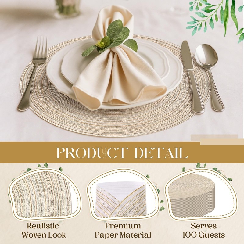 Geosar 100 Pcs Disposable Paper Placemats Cotton Woven Look 13'' Round Placem... gallery