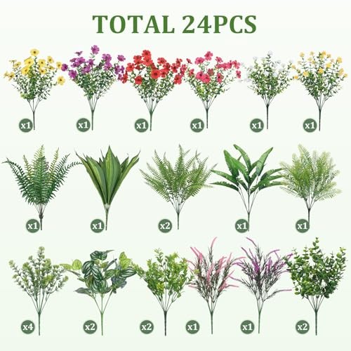 Pcs Artificial Plants Flowers for Outdoors, Realistic 24 Redrosypurpleyellow gallery