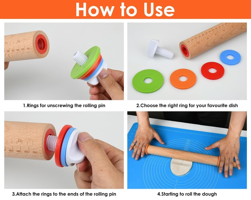 Rolling Pin with 4 Adjustable Thickness Rings and Long Handle 13.6 Inch Woode... gallery
