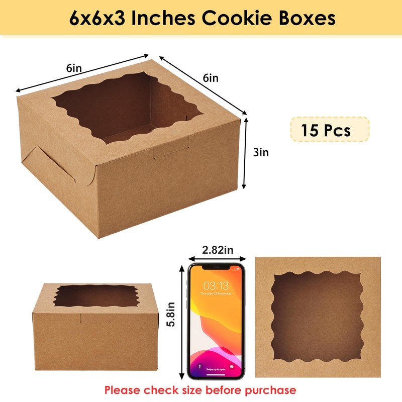 Cookie Boxes with Window, 6x6x3in Brown Bakery Boxes for Treats, Small Cake, gallery