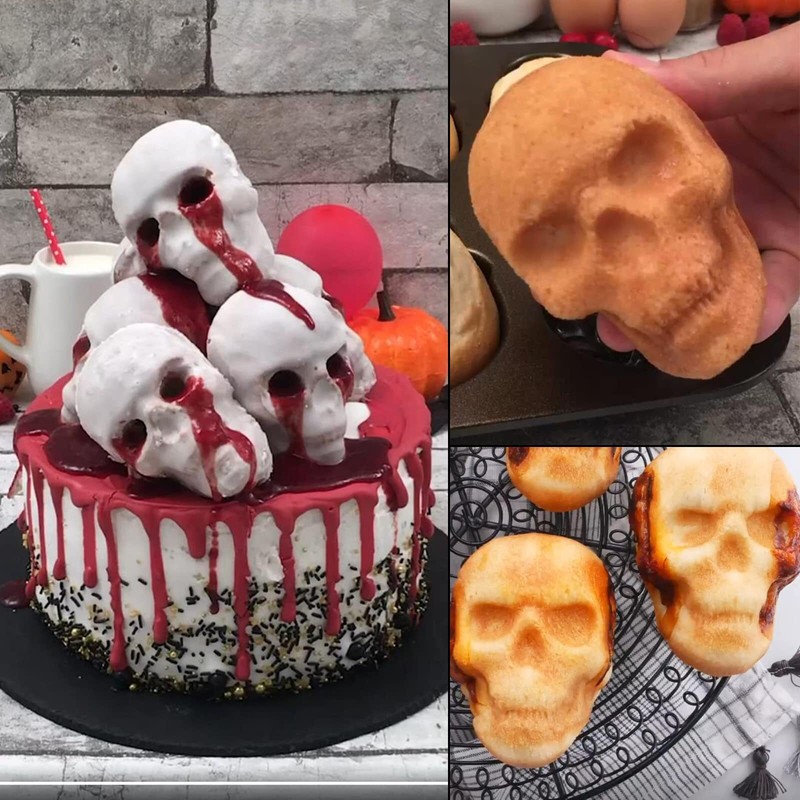 2 Pack Skull Cake Pan, 6 Cavity Skull Cake Molds, Silicone Skull Baking Pan for gallery