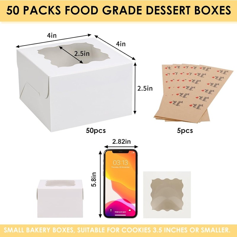 50pcs White Cookie Boxes with Window, 4x4x2.5 Inches Bakery Boxes with 5pcs S... gallery