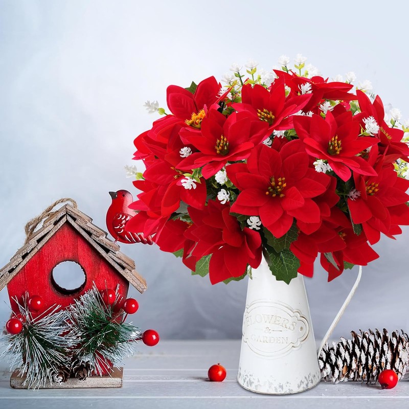 MOIAVAN 12 Bunches Poinsettias Artificial Christmas Flowers 14 inches, Red gallery
