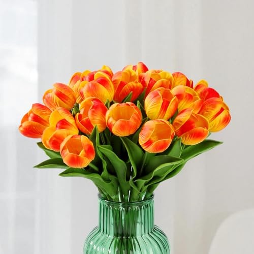 20 Stems LED Lighted Artificial Flowers Tulip Lamp Real Touch Tulips Orange gallery