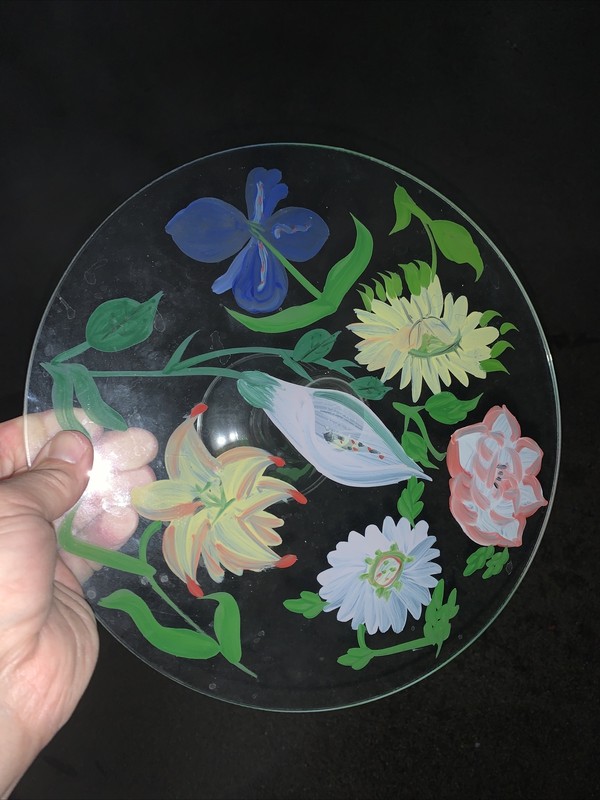 CAKE PLATE Stand Plate FLORAL HANDPAINTED Unique Glass ORIGINAL OOAK ❤️sj10m1 gallery